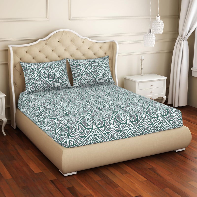 Welspun Cotton Rich Large Bedsheet 274 Cm X 274 Cm 43 Cm X 68 Cm 150 Tc Twill Ornate Bedsheet Pillow Covers Set TealGrey 2in1 - Image 2