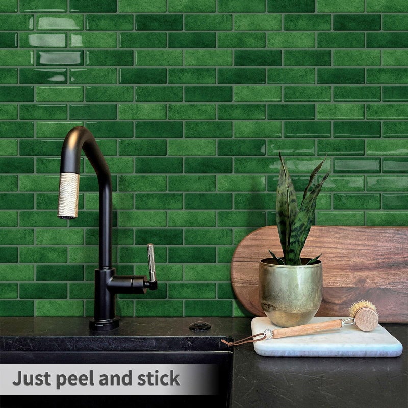 Tiwoos Thick Green Peel and Stick Tile Backsplash 12"x12" Self Adhesive Wall Marble Tiles for Kitchen (10-Sheet) - Image 2