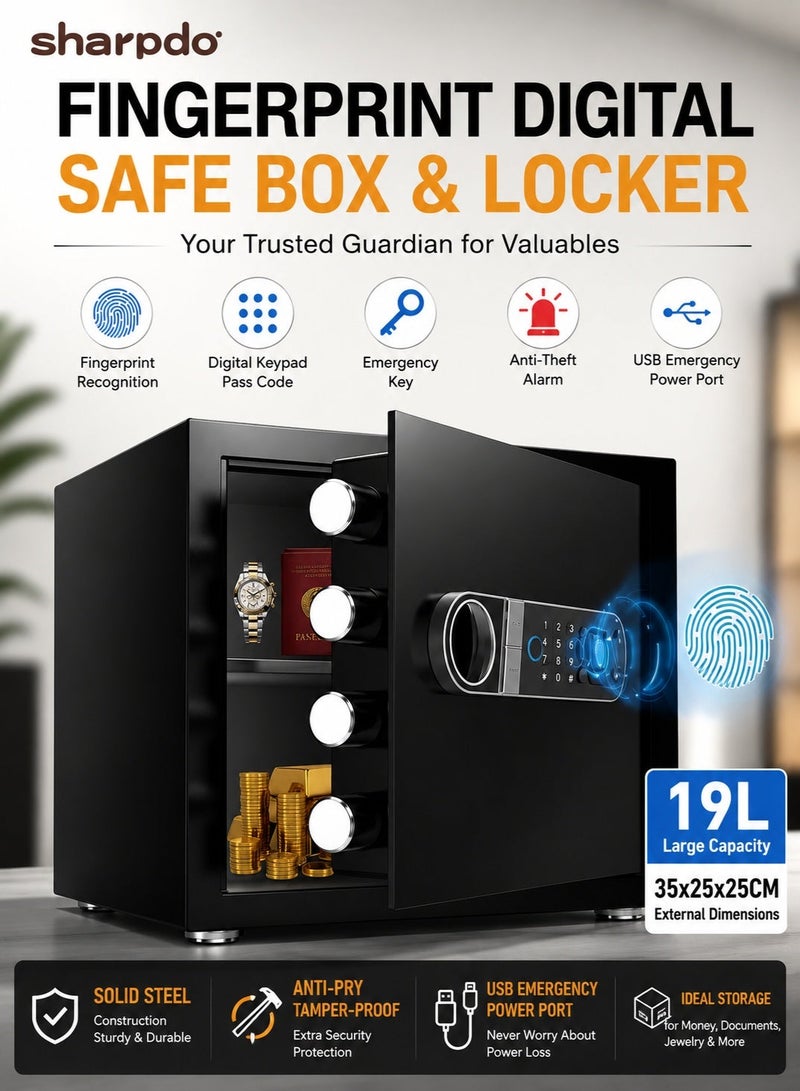 Sharpdo Fingerprint Digital Medium Safe Box & Locker, 19L 35x25x25CM Electronic Safe|High-Precision Fingerprint Recognition, Digital Keypad & Emergency Key, Anti-Pry Tamper-Proof Anti-Theft Safe for Home Office, Stores Money, Documents, Jewelry - Image 1