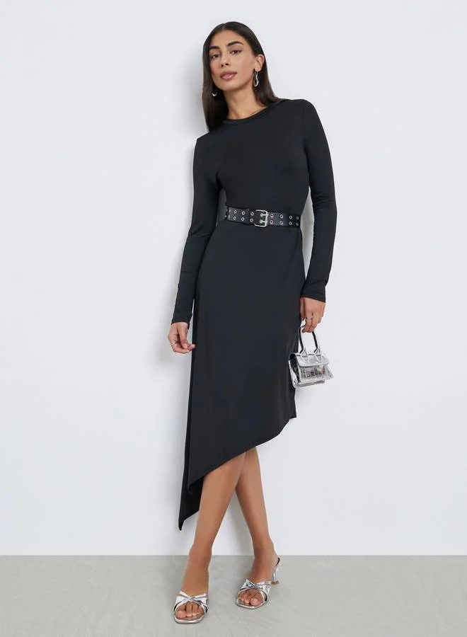 Styli Black Asymmetric Hem Midi Dress with Belt