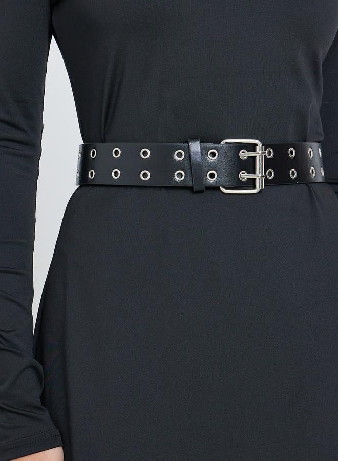 Styli Black Asymmetric Hem Midi Dress with Belt - Image 3