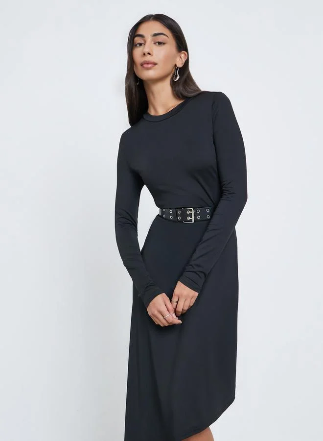 Styli Styli Black Asymmetric Hem Midi Dress with Belt