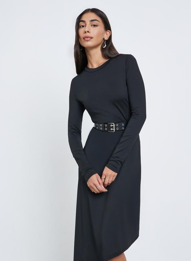 Styli Black Asymmetric Hem Midi Dress with Belt - Image 2