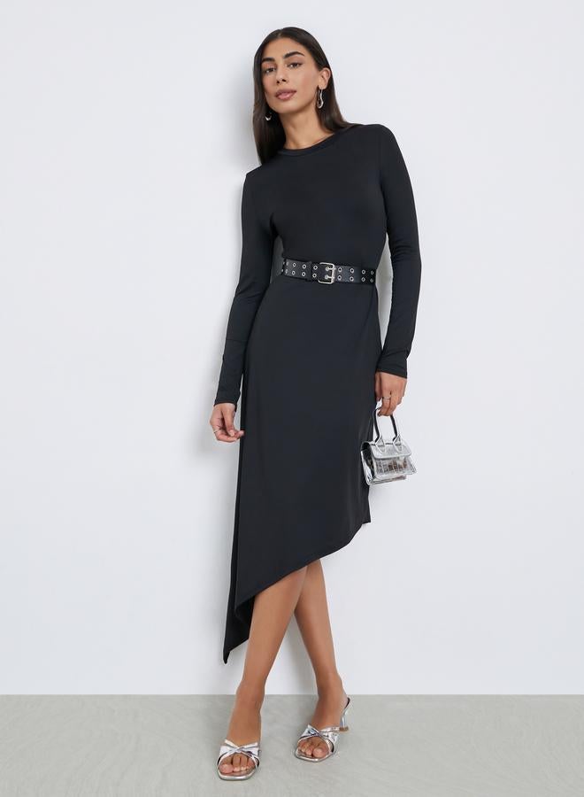 Styli Black Asymmetric Hem Midi Dress with Belt - Image 1