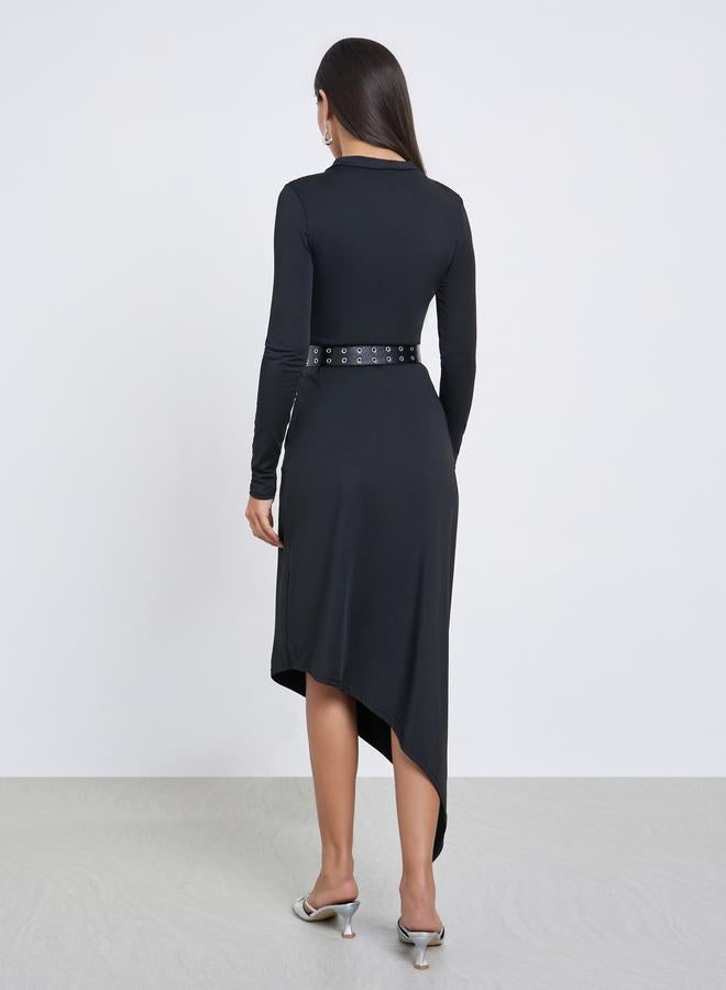 Styli Black Asymmetric Hem Midi Dress with Belt - Image 4