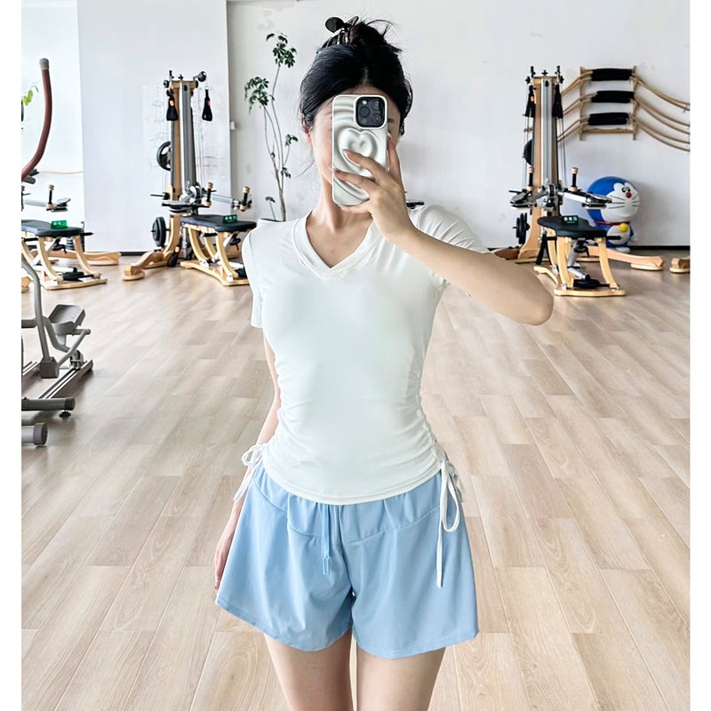 Generic Yoga Clothing Womens Summer Sports Top Slim-fit T-shirt V-neck Pleated Waist Short-sleeved Pilates Training Fitness Clothing White