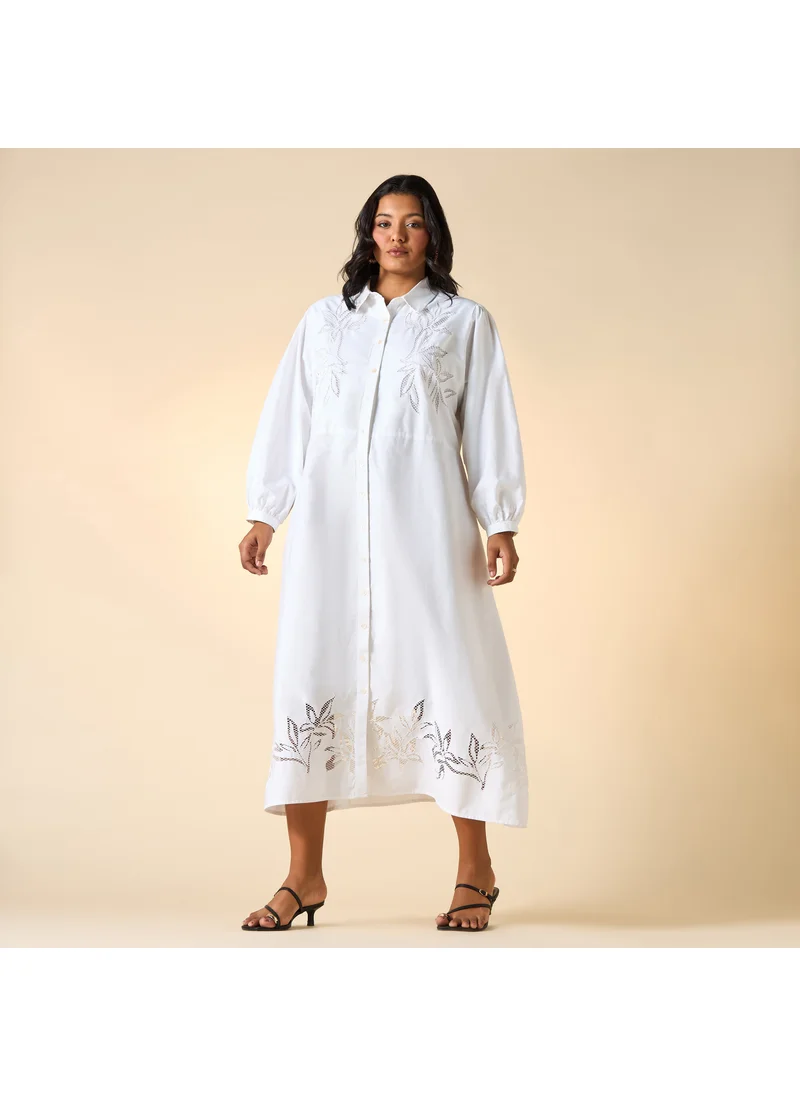  أولا بوبكن Plus Size Ulla Popken Embroidered Midi Shirt Dress