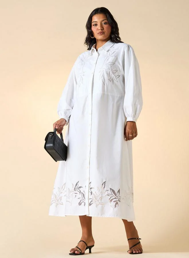Ulla Popken Plus Size Ulla Popken Embroidered Midi Shirt Dress