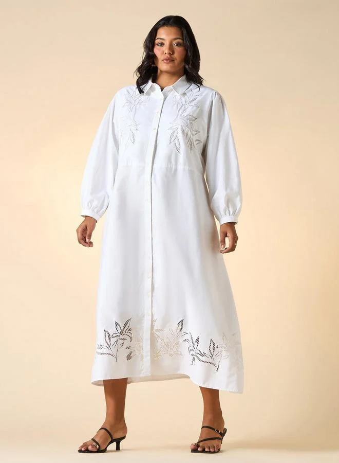 Ulla Popken Plus Size Ulla Popken Embroidered Midi Shirt Dress