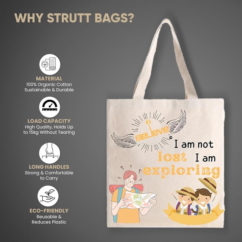 STRUTT Canvas Reusable I Believe Bags|100% Organic Cotton Shopping Bag| Multi-Purpose Eco Friendly|Sturdy Canvas Bag with 15kgs Capacity | College Bag I Daily UseI Single Pack (in Exploring) - Image 2
