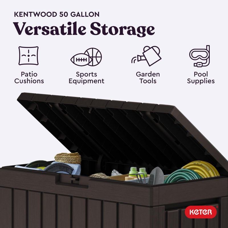 Keter Kentwood 50 Gallon Resin Deck Box-Organization and Storage for Patio Cushions, Throw Pillows and Garden Tools, Brown - Image 4