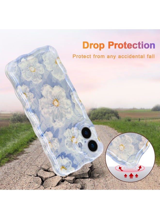 EYZUTAK Case for Now Phone, Colorful Retro Oil Painting Flower Laser Glossy Pattern Cute Curly Wave Edge Exquisite Phone Cover Stylish Durable TPU Protective Case for Girl Women - Light Blue - Image 3