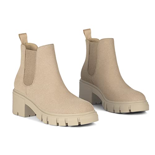 Athlefit Women's Chelsea Boots Fashion Lug Sole Chunky Heel Slip on Elastic Ankle Nude Booties Size 7.5 - Image 5
