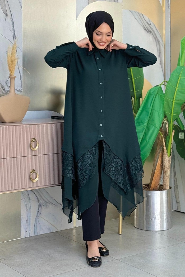 Bym Fashion Lace and Chiffon Detailed Asymmetric Cut Tunic 2758 Emerald  - Image 1
