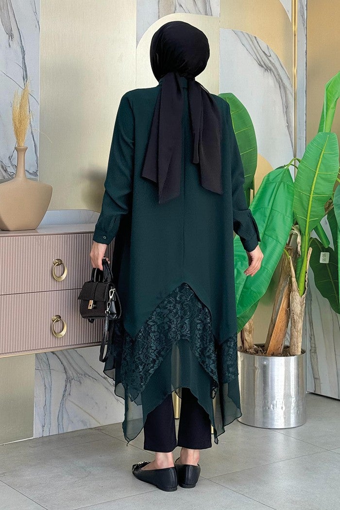 Bym Fashion Lace and Chiffon Detailed Asymmetric Cut Tunic 2758 Emerald  - Image 2