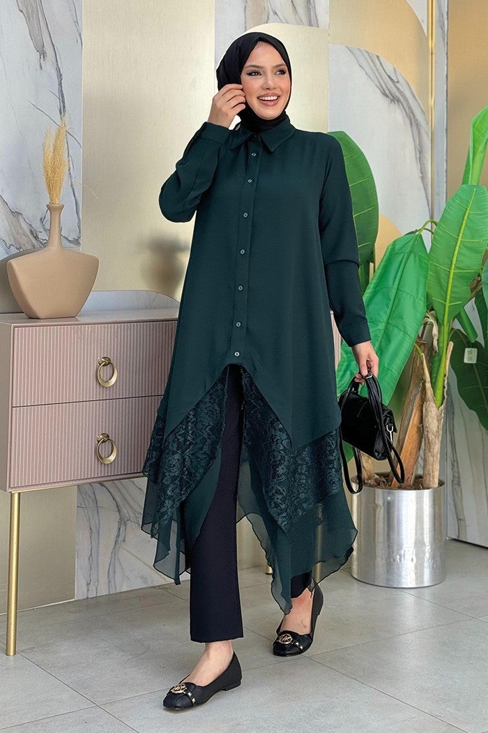 Bym Fashion Lace and Chiffon Detailed Asymmetric Cut Tunic 2758 Emerald  - Image 3