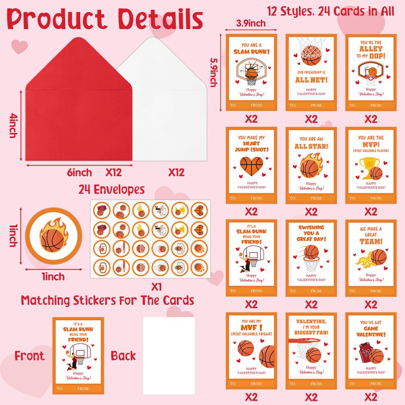 TICIAGA 72pcs Valentineâ€™s Day Basketball Greeting Cards with Envelop and Stickers for Kids, 4 x 6 IN Sport Theme Exchange Gift Cards for Boys and Girls School Classroom Supplies, Valentines Party Favors - Image 2