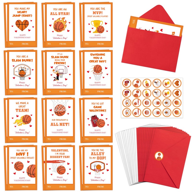 TICIAGA 72pcs Valentineâ€™s Day Basketball Greeting Cards with Envelop and Stickers for Kids, 4 x 6 IN Sport Theme Exchange Gift Cards for Boys and Girls School Classroom Supplies, Valentines Party Favors - Image 1