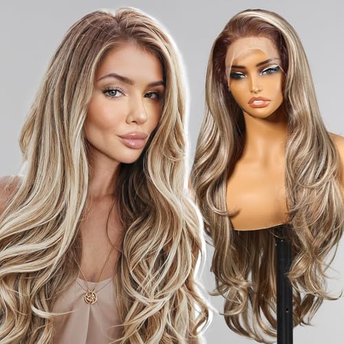 KOME Ash Blonde Synthetic Lace Front Wig136 Blonde mix Brown HD Lace Glueless Wig for Women Daily Use 28INTT6107 - Image 1