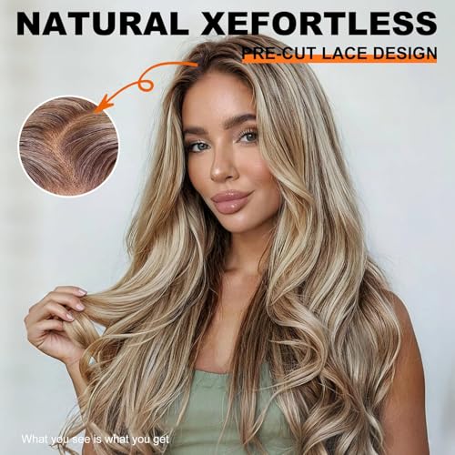 KOME Ash Blonde Synthetic Lace Front Wig136 Blonde mix Brown HD Lace Glueless Wig for Women Daily Use 28INTT6107 - Image 3