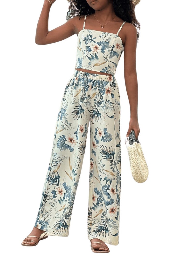 Floerns Girl's 2 Piece Outfit Hawaiian Tropical Crop Cami Tops and Boho Pants Set Light Green 12Y - Image 3