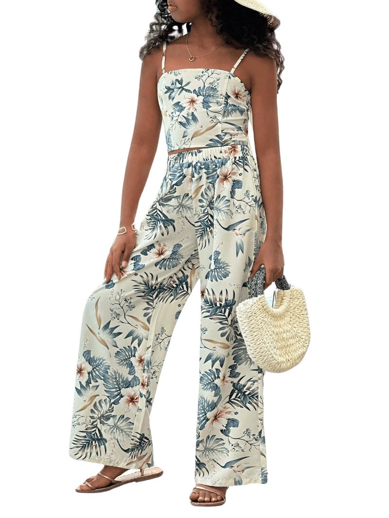 Floerns Girl's 2 Piece Outfit Hawaiian Tropical Crop Cami Tops and Boho Pants Set Light Green 12Y - Image 1