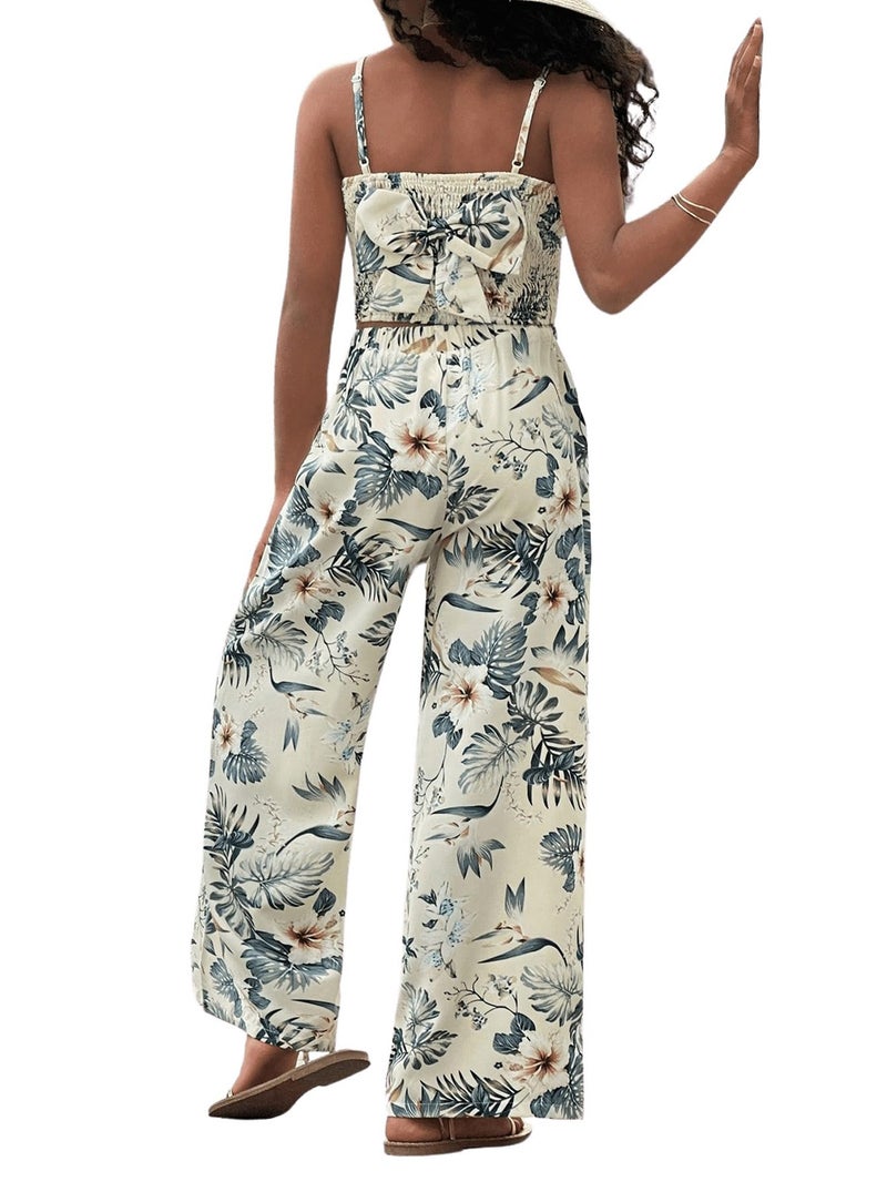Floerns Girl's 2 Piece Outfit Hawaiian Tropical Crop Cami Tops and Boho Pants Set Light Green 12Y - Image 5