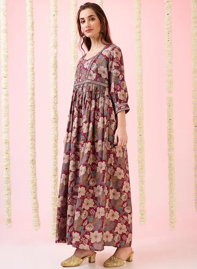 globus Globus Maroon Foil Floral Print Gathered Fusion Maxi Dress
