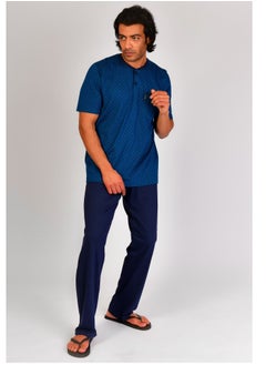 Jet Jet Men Summer Pajama Set Printed Top & Plain Bottom - Navy Blue  - Image 2