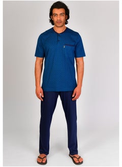 Jet Jet Men Summer Pajama Set Printed Top & Plain Bottom - Navy Blue  - Image 1