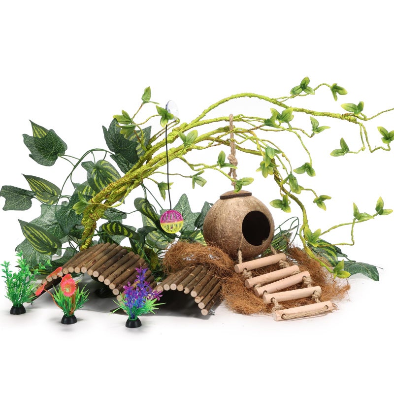 RUNANIA Crested Gecko Tank Accessoriesï¼ŒReptile Vines Plants with Coconut Shell Ladder Hideout Hermit Crab Decor for Bearded Dragon Lizard Chameleon Tortoise Snake - Image 1