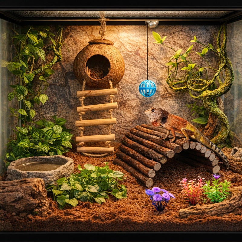 RUNANIA Crested Gecko Tank Accessoriesï¼ŒReptile Vines Plants with Coconut Shell Ladder Hideout Hermit Crab Decor for Bearded Dragon Lizard Chameleon Tortoise Snake - Image 4