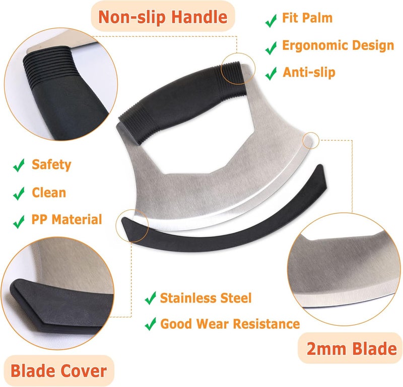XoYoZo Salad Chopper Mezzaluna Knife with Protective Cover and Anti-Slip Handle Stainless Steel Chopper Vegetable Cutter Onion Chopper Mincing Knife Pizza Cutter - Image 2