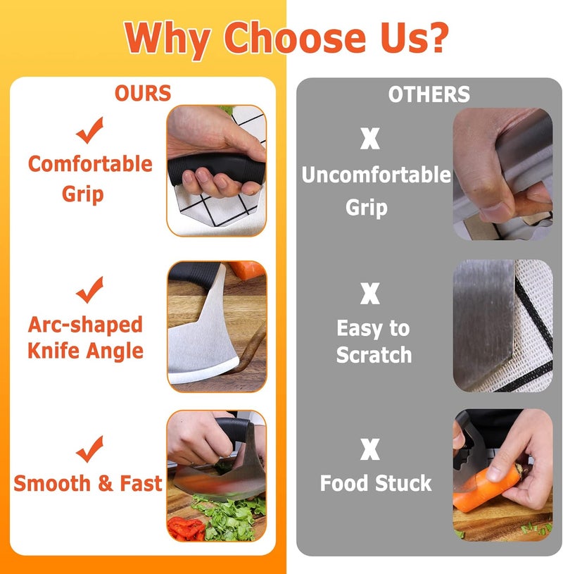 XoYoZo Salad Chopper Mezzaluna Knife with Protective Cover and Anti-Slip Handle Stainless Steel Chopper Vegetable Cutter Onion Chopper Mincing Knife Pizza Cutter - Image 4
