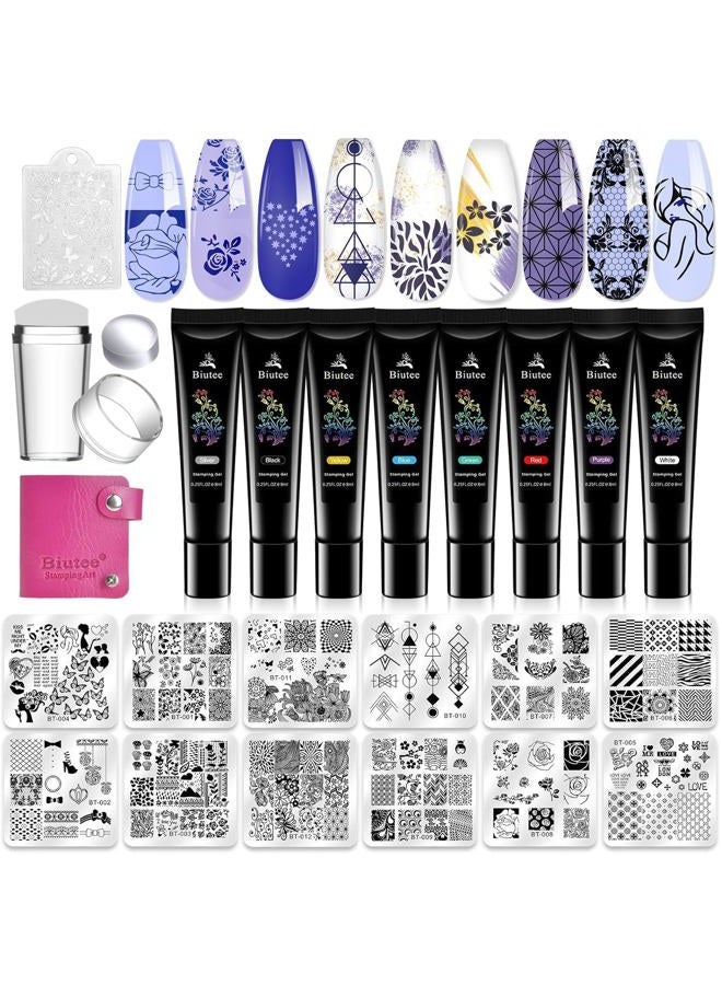 Biutee Nail Stamper Kit 12Pcs Nail Stamping Plate 8Pcs Stamping Gel Polish Nail Stamping Kit with Silicone Stamper Scraper Storage Bag Lace Plaid Stamp Template Holiday Gift for Women - Image 1