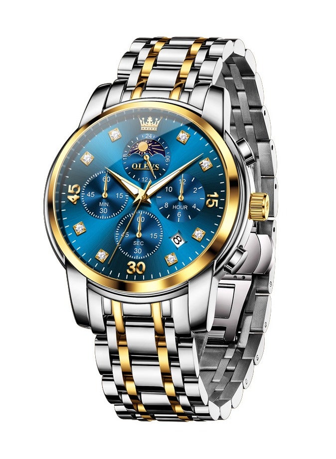 OLEVS Men's Watch with Four-Dial Design, Business Style, Stainless Steel Strap, Dual Time Zones, Moon Phase Display, Luminous Hands, and Water Resistance - Image 1