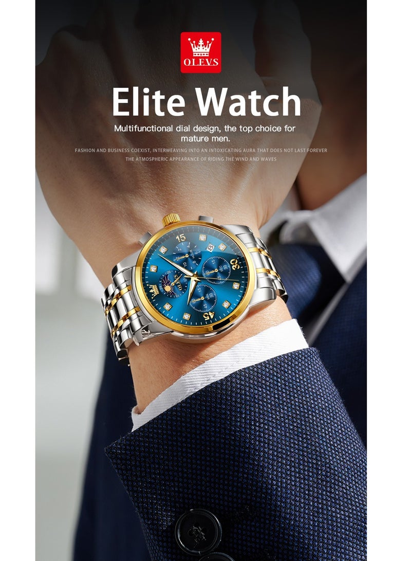 OLEVS Men's Watch with Four-Dial Design, Business Style, Stainless Steel Strap, Dual Time Zones, Moon Phase Display, Luminous Hands, and Water Resistance - Image 4