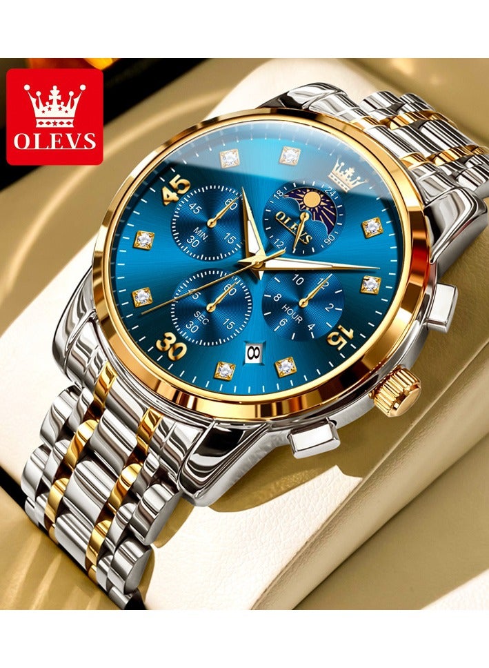 OLEVS Men's Watch with Four-Dial Design, Business Style, Stainless Steel Strap, Dual Time Zones, Moon Phase Display, Luminous Hands, and Water Resistance - Image 2