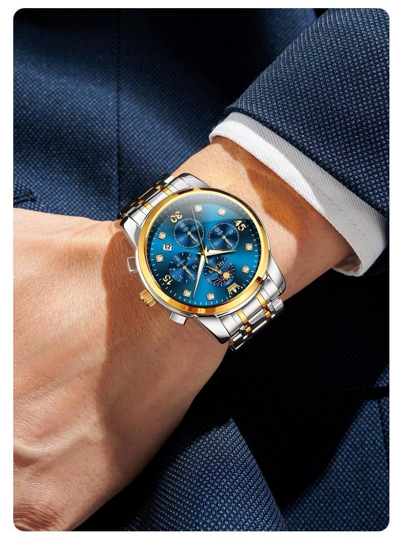 OLEVS Men's Watch with Four-Dial Design, Business Style, Stainless Steel Strap, Dual Time Zones, Moon Phase Display, Luminous Hands, and Water Resistance - Image 3