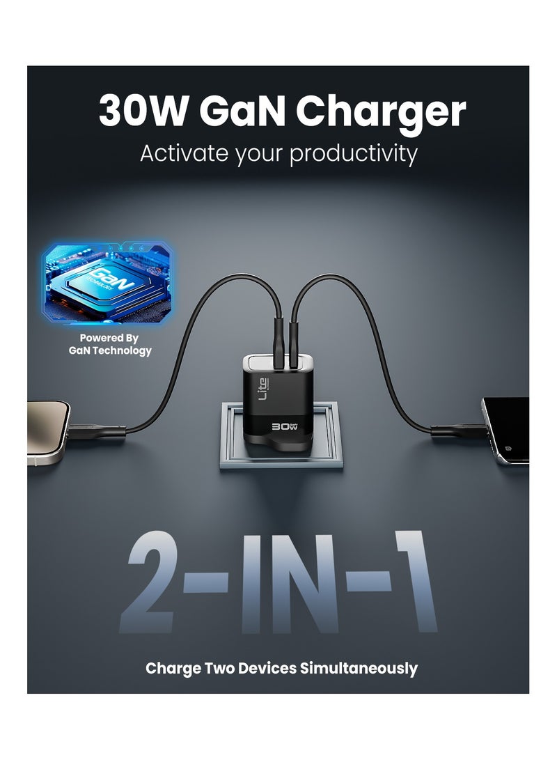 Moxedo Lite 30W GaN Charger USB-A/USB-C Ports Fast Charging PD 3.0 with USB-C to USB-C 1.2 Meter Cable Compatible for iPhone Series, iPad Pro 12.9, 11, MacBook, Samsung Galaxy S24, Pixel and more. - Image 2