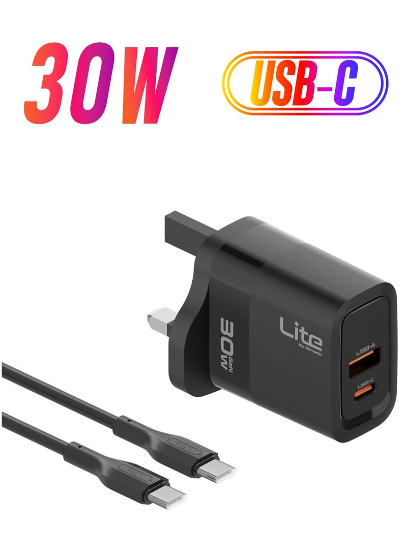 Moxedo Lite 30W GaN Charger USB-A/USB-C Ports Fast Charging PD 3.0 with USB-C to USB-C 1.2 Meter Cable Compatible for iPhone Series, iPad Pro 12.9, 11, MacBook, Samsung Galaxy S24, Pixel and more. - Image 1