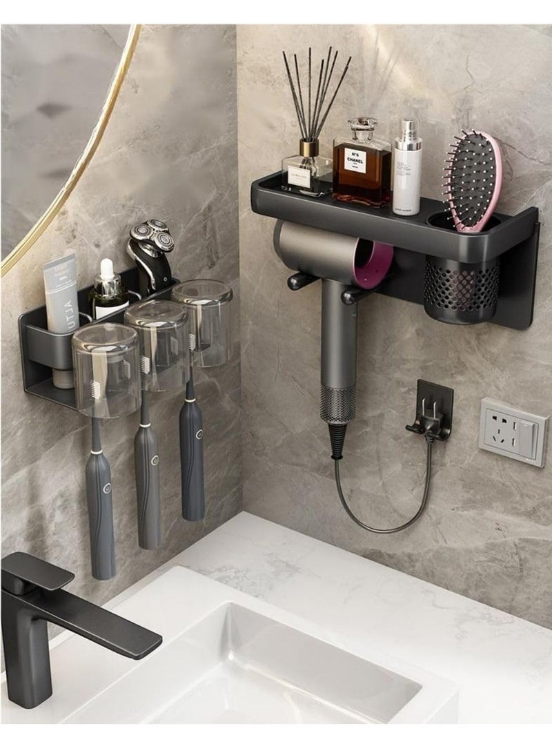 Cool Baby COOLBABY Bathroom Self-Adhesive Hair Dryer Storage Rack Aluminum Alloy Multifunctional Hair Dryer Rack Automatic Toothpaste Dispenser and Toothbrush Holder for Bathroom Decoration with 3 Cups Black - Image 1
