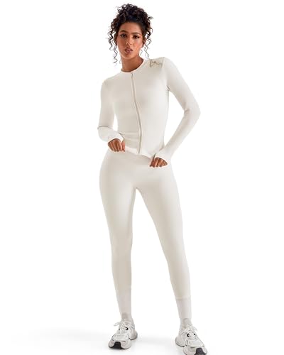 SUUKSESS Women 2 Piece Seamless Ribbed Workout Sets Tracksuit With Zip Up Jacket High Waisted Gym Yoga Leggings (Beige,S) - Image 3