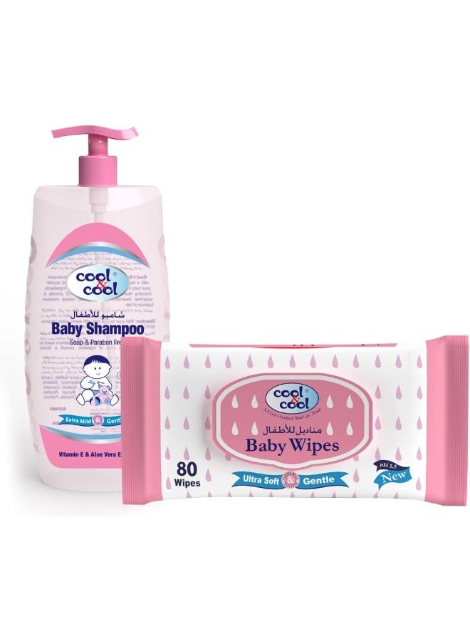 Cool & Cool Baby Wipes 80's + Baby Shampoo 500ML- Tear Free, Paraben-Free, Dye Free, Alcohol Free, Fragrance-Free, Ultra Soft - Combo Pack - Image 1