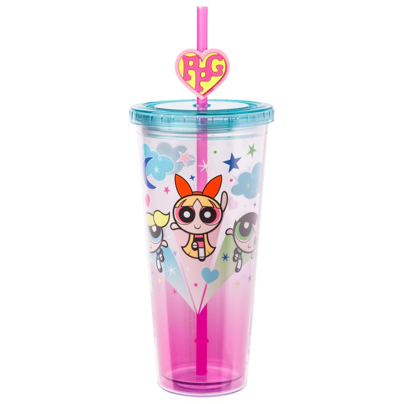 Silver Buffalo The Powerpuff Girls Original PPG Featuring Buttercup Bubbles and Blossom Plastic Cold Cup with Lid and Straw Topper 24 Ounces