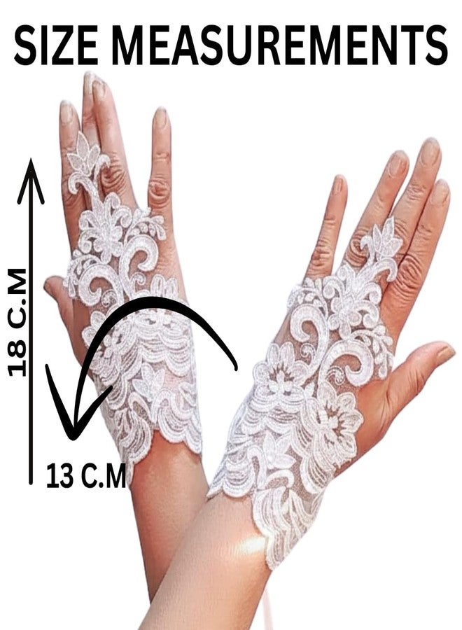 Devino Ora Elegant Bridal Fingerless Gloves, White Floral Lace with Satin Ribbon Ties, Wedding first Holy Communion Confermation Accessories For Girls Women (ThiK Ambro, 18 CM) - Image 3