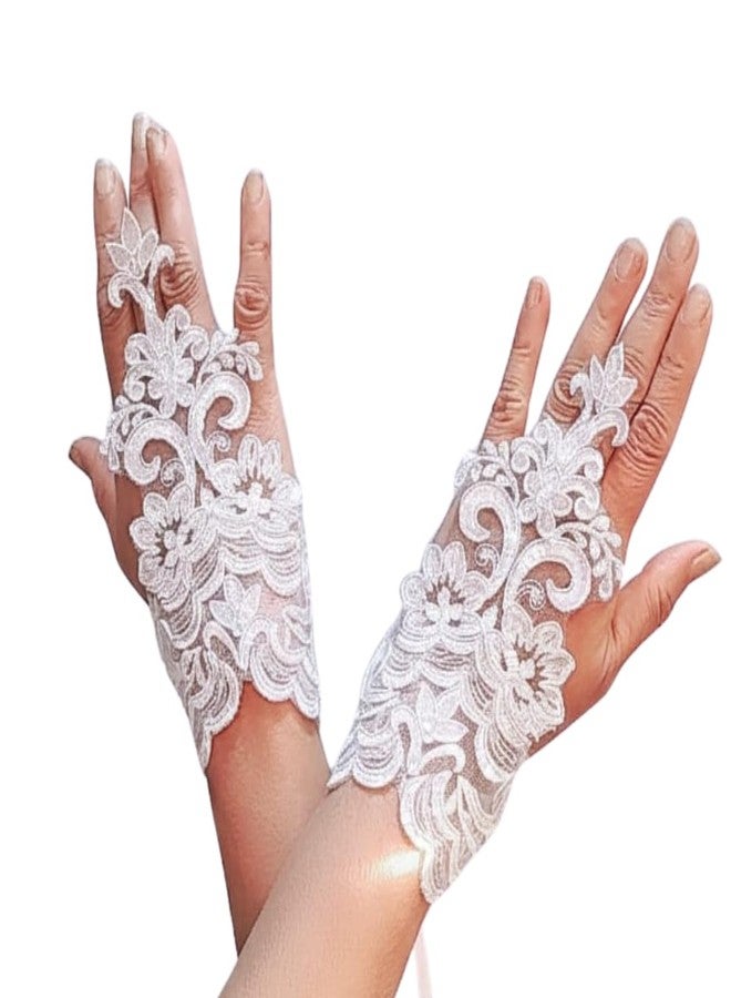 Devino Ora Elegant Bridal Fingerless Gloves, White Floral Lace with Satin Ribbon Ties, Wedding first Holy Communion Confermation Accessories For Girls Women (ThiK Ambro, 18 CM) - Image 1