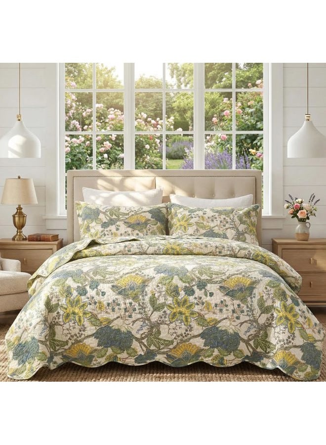 DURLENGEN Forest 100% Cotton Queen Quilt 3Pcs,Bohemian Reversible Leaves & Flowers Pattern on White, Luxury Lightweight Coverlet Sets for All Season(Queen 90x96,Forest) - Image 1