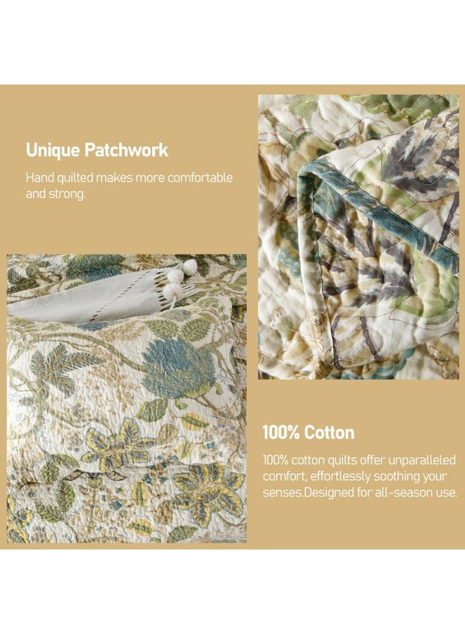 DURLENGEN Forest 100% Cotton Queen Quilt 3Pcs,Bohemian Reversible Leaves & Flowers Pattern on White, Luxury Lightweight Coverlet Sets for All Season(Queen 90x96,Forest) - Image 3