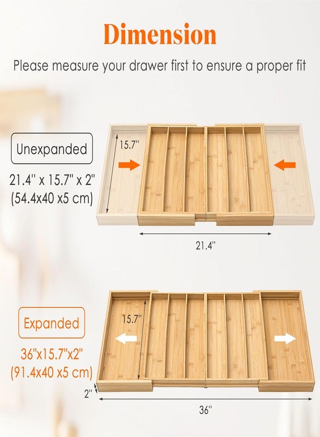 Kathfly Extra Large Drawer Organizer Kitchen Utensils Expandable 21.4 to 36 Inches Wid, Adjustable Bamboo Silverware Tray Cutlery Utensile Flatware Organizer Holder Drawer Divider for Spoons and Forks - Image 2